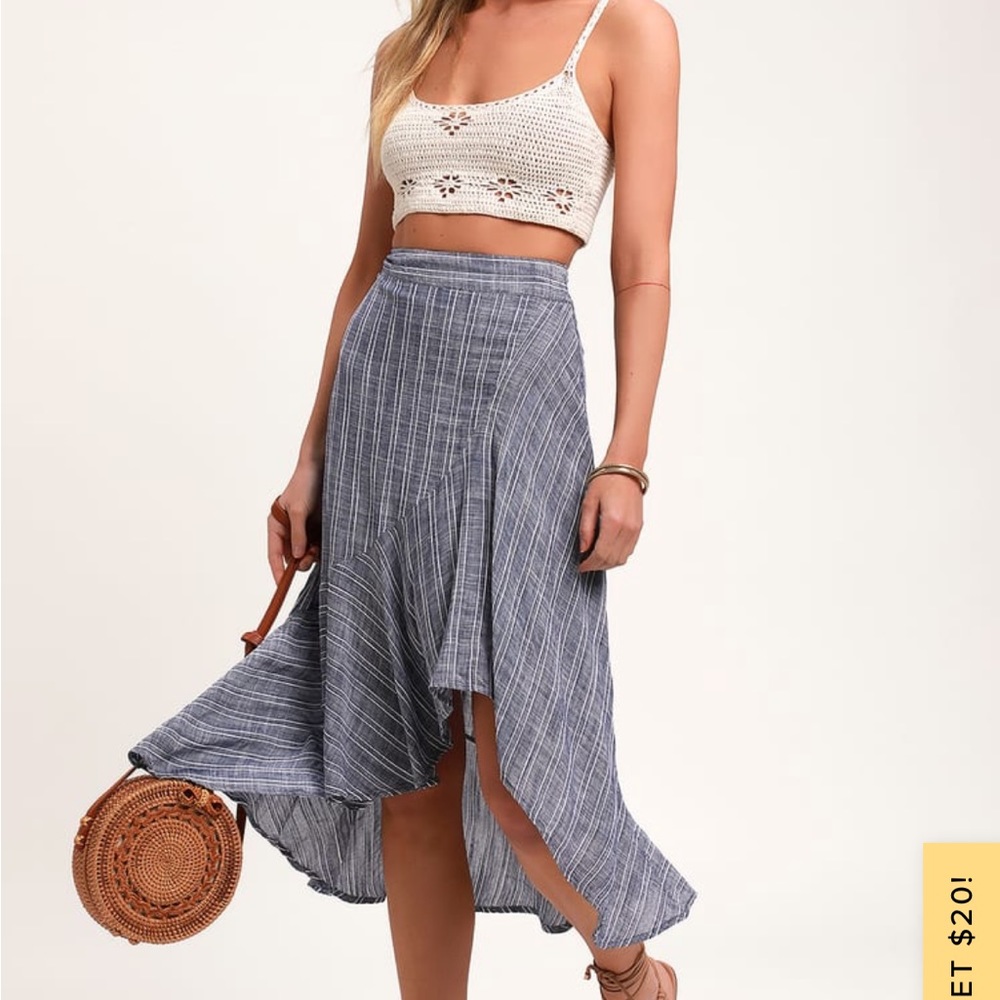 By the Bay Washed Blue and White Striped Ruffled Midi Skirt